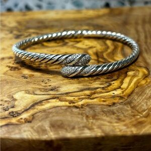 David Yurman Sterling Silver Willow Single Row  Pave Diamonds Cuff Bracelet